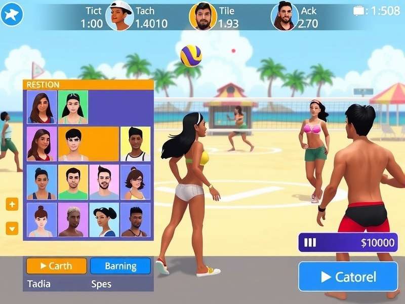 Beach Volley Dream character customization screen showing various outfits and accessories